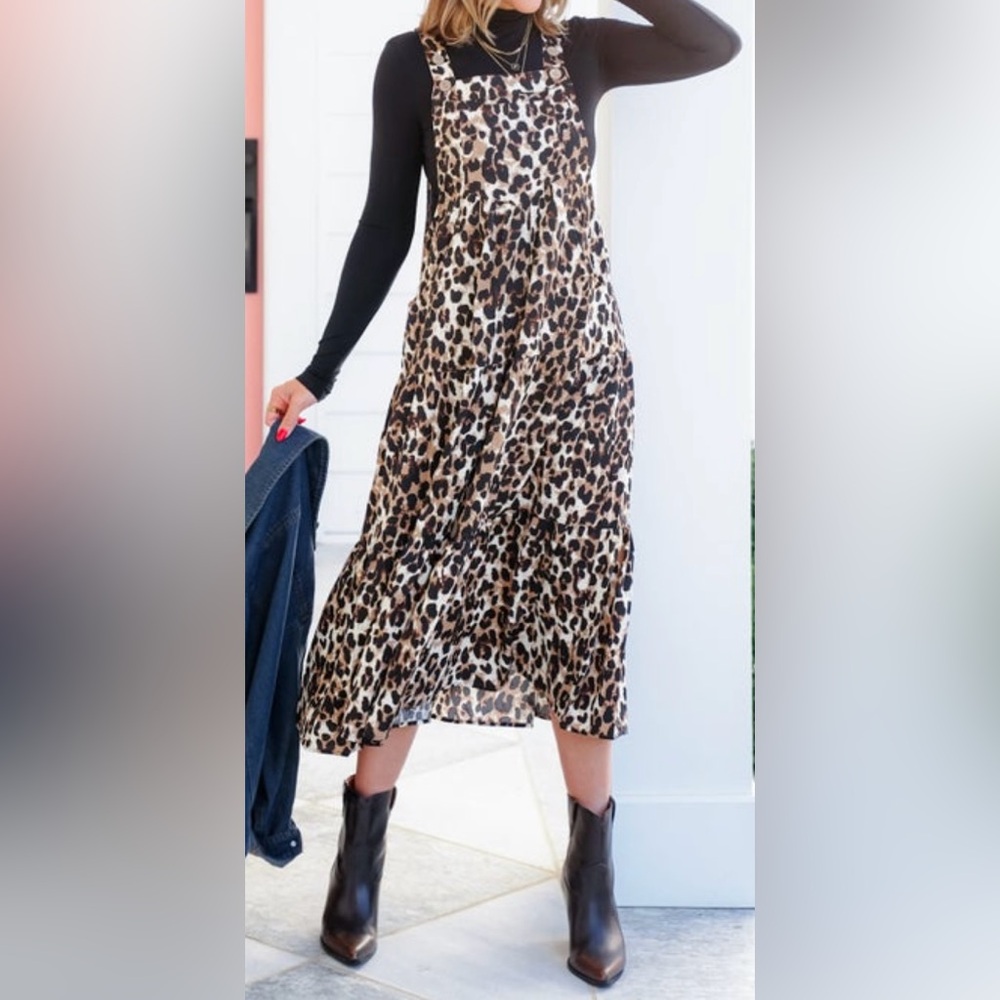 ODDI Leopard Bib Overall Midi Dress